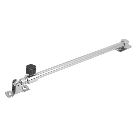 Telescoping marine adjuster in stainless steel with black knob and mounting brackets, side view.