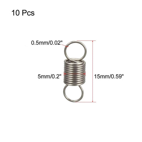 Stainless Steel Dual Hook Tension Spring Set 0.02 Inch Wire Diameter, 0.2 Inch Outer Diameter, 0.59 Inch Free Length, 10 Pack