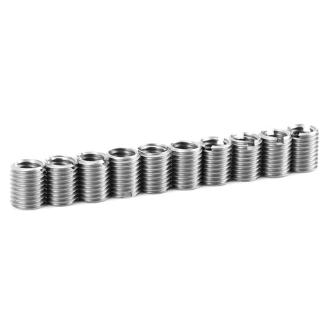 Stainless Steel Thread Repair Tool Kit With 10 Insert Nuts M8 X 1.25 Female Threads And M10 X 1.25 Male Threads displayed in a row