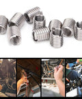 Stainless Steel Thread Repair Sleeve 10 Pack Insertion Nut For Fixing Stripped Threads In Automotive And Mechanical Equipment Converts M8x1.25 Female To M10x1.5 Male Then Restores To M8x1.25, shown in multiple contexts including automotive and mechanical repair.