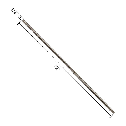 Stainless steel 1/4-28 threaded rod, 12 inches long, in a four-pack, showing corrosion resistance for secure connections.