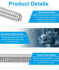 Close-up details of durable 304 stainless steel 1/4-20 UNC fully threaded rods, showcasing craftsmanship and deep thread design for secure fastening.