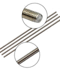 Stainless steel 1/4-28 threaded rods, 12 inches long, in a four-pack with close-up views showing thread detail for secure connections.