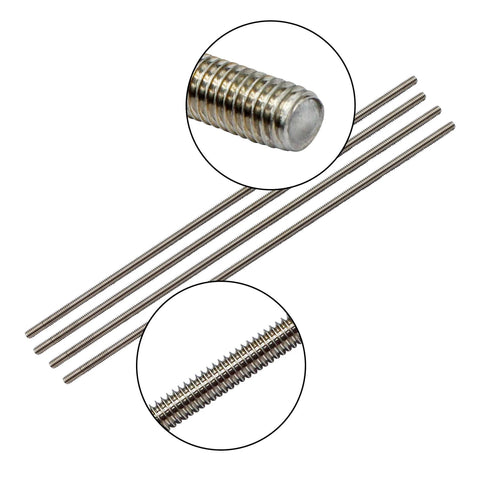 Stainless steel 1/4-28 threaded rods, 12 inches long, in a four-pack with close-up views showing thread detail for secure connections.