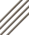Stainless steel 1/4-28 threaded rods, 12 inches long, in a four-pack for corrosion-resistant secure connections, side view close-up.