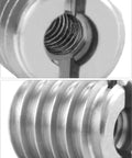 Close-up of stainless steel threaded wood nut inserts, 10-24 internal threads, 0.5 inch length for hardwoods and softwoods installation.