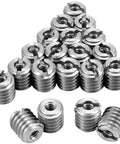 Stainless Steel Threaded Wood Nut Inserts With 10-24 Internal Threads 0.5 Inch Length Pack Of 20 stacked in pyramid shape