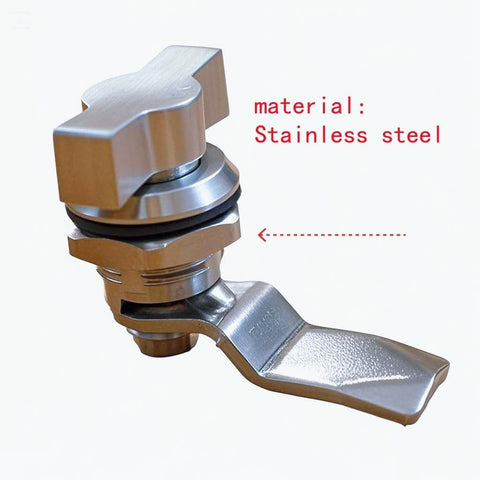 Sturdy stainless steel thumb operated offset cam lock delivers durable, keyless security for RV compartments, cabinets, doors and mailboxes