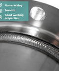 Close-up of Stainless Steel TIG Welding Rod ER308L Filler Wire weld showing smooth finish and described qualities on metal surface.