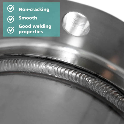 Close-up of Stainless Steel TIG Welding Rod ER308L Filler Wire weld showing smooth finish and described qualities on metal surface.