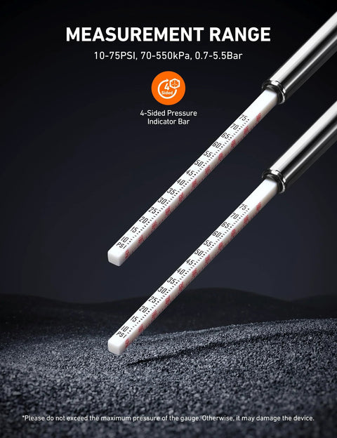 Close-up of 2 Pack Pencil Tire Pressure Gauge, 10 To 75 PSI Range, ANSI B40.1 Grade B ±2% Calibration, Stainless Steel Body With Metal Nozzle.