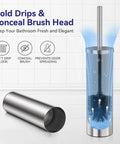 Stainless Steel Freestanding Toilet Brush And Holder With Long Handle For No Fuss Bathroom Storage And Deep Cleaning Nickel Brushed SS304 Durable Toilet Cleaner Set With Dual Brush Heads Included, showing brush placement and anti-drip feature.