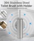 Stainless Steel Freestanding Toilet Brush And Holder With Long Handle For No Fuss Bathroom Storage And Deep Cleaning Nickel Brushed SS304 Durable Toilet Cleaner Set With Dual Brush Heads Included on bathroom floor showcasing rust-resistant features.