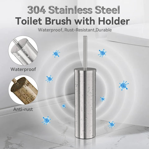 Stainless Steel Freestanding Toilet Brush And Holder With Long Handle For No Fuss Bathroom Storage And Deep Cleaning Nickel Brushed SS304 Durable Toilet Cleaner Set With Dual Brush Heads Included on bathroom floor showcasing rust-resistant features.