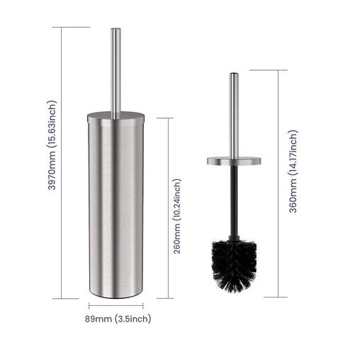 Stainless Steel Freestanding Toilet Brush And Holder With Long Handle For No Fuss Bathroom Storage And Deep Cleaning Nickel Brushed SS304 Durable Toilet Cleaner Set With Dual Brush Heads Included, dimensions displayed