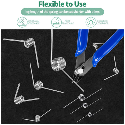 72 Piece Stainless Steel Torsion Spring Set in a Sturdy Case with pliers, showing cutting flexibility, 18 sizes 45 90 120 180 Degree 6 Laps