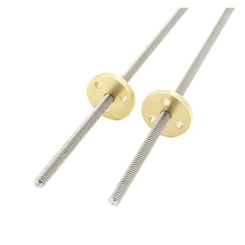 Pair of stainless steel ball screws with brass nuts, viewed from the front angle, designed for 100mm Pitch 1 Lead 1mm CNC motion application.