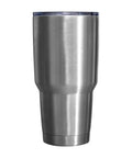 Stainless steel tumbler with clear lid on white background