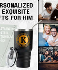 Man The Myth The Legend Monogram Stainless Steel Travel Tumbler for Men 30 Oz with gift box and lifestyle images