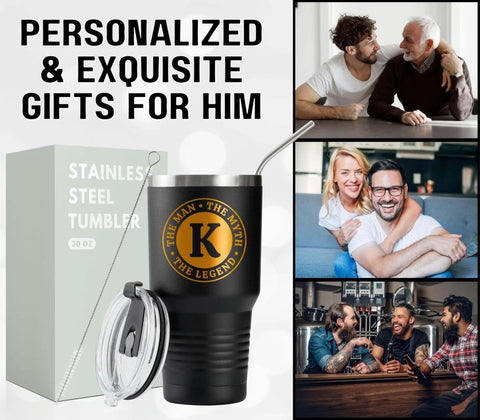 Man The Myth The Legend Monogram Stainless Steel Travel Tumbler for Men 30 Oz with gift box and lifestyle images