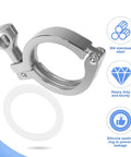 Five Piece Heavy Duty Single Pin Tri Clamp Ferrules Set 2 Inch Sanitary Stainless Steel 304 With Silicone Gaskets, front view