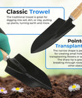 Heavy Duty Garden Tool Set With Stainless Steel Hand Tools Non Slip Rubber Grip Wooden Handles shown with trowel and transplanter
