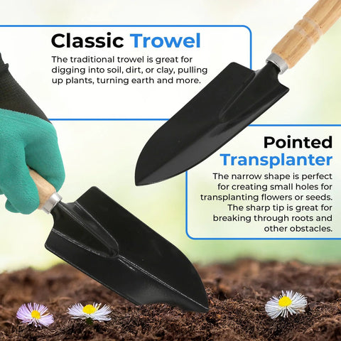 Heavy Duty Garden Tool Set With Stainless Steel Hand Tools Non Slip Rubber Grip Wooden Handles shown with trowel and transplanter