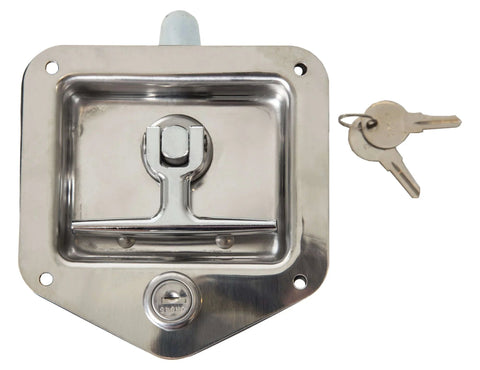 Locking single point latch with gasket for truck tool boxes, trailer doors, RVs and campers; corrosion-resistant stainless steel, includes two keys.