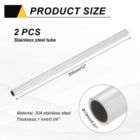 Two Pack 13mm Stainless Steel Tubes 304 Grade 1mm Wall 305mm Long Built To Last Heavy Duty Metal Pipes shown in side and detail view