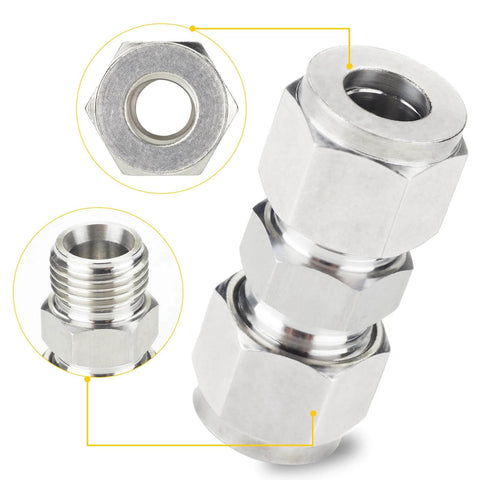 304 Stainless Steel Compression Tube Fitting Union With Double Ferrule For Easy Connection 6mm Tube OD To 6mm Tube OD, angled view