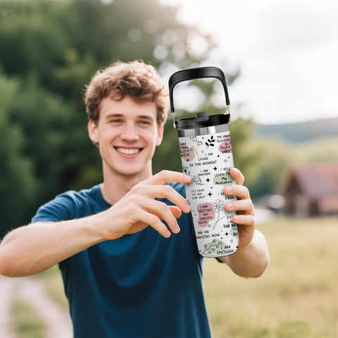 Man holding 30 Oz Mom Tumbler With Handle Stainless Steel Insulated Travel Cup With Straw Gift From Daughter For Mom
