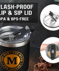 Man The Myth The Legend Monogram Stainless Steel Travel Tumbler For Men 30 Oz with splash-proof flip lid in black.