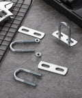 Four Sets Stainless Steel U Bolts With Frame Plates And Nuts 50mm Inner Width Clamp Kit displayed on table with tools