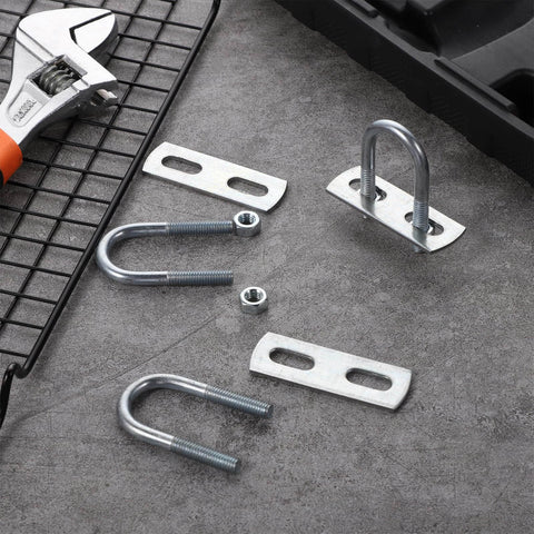 Four Sets Stainless Steel U Bolts With Frame Plates And Nuts 50mm Inner Width Clamp Kit displayed on table with tools