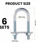 Durable stainless steel U bolts kit with 6 bolts, plate, 12 nuts and washers for secure pipe or conduit mounting, 25mm width, 70mm length.