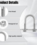 Four Sets Stainless Steel U Bolts With Frame Plates And Nuts 50mm Inner Width Clamp Kit Product Details Showing Fine Thread and Hexagonal Nut