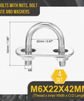 Premium 304 stainless steel U bolt kit with nuts, washers and frame plate, 4Set for 22mm pipes and M6 threads, 42mm long