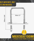 Front view of Durable 304 Stainless Steel Square U Bolt Kit With Nuts, Washers And Frame Plates In A 2 Set, dimensions labeled.