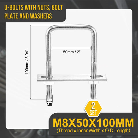 Front view of Durable 304 Stainless Steel Square U Bolt Kit With Nuts, Washers And Frame Plates In A 2 Set, dimensions labeled.