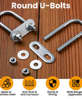 Durable stainless steel U bolts kit with 6 bolts, plate, 12 nuts and washers for secure pipe or conduit mounting shown on wood
