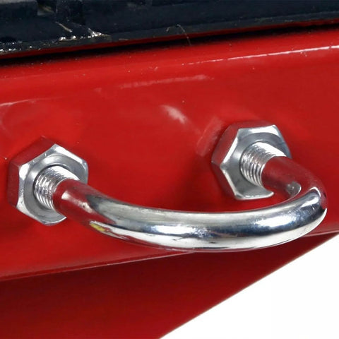 Installed view of Four Sets Stainless Steel U Bolts With Frame Plates And Nuts 50mm Inner Width Clamp Kit for automobiles and boats.