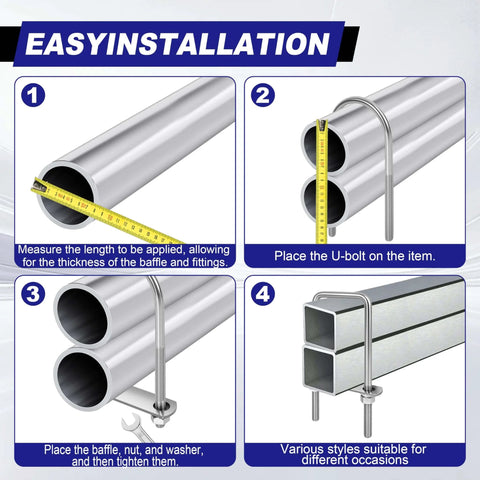 Installation steps for Stainless Steel U Bolts Kit Four Sets With Nuts, Plates And Washers, Heavy Duty U-Bolts on pipes.