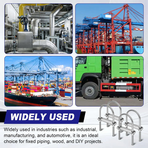Collage showing industrial, manufacturing, and automotive uses of Stainless Steel U Bolts Kit Four Sets With Nuts, Plates And Washers.