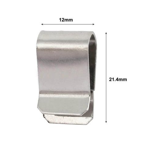 Close-up of a 20pcs Stainless Steel Spring U Clip Silver Tone 21.4mm x 12mm showing dimensions