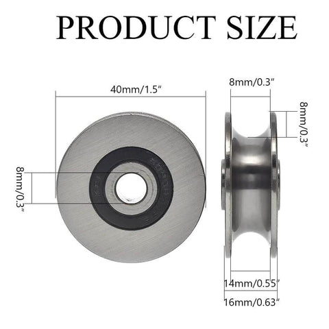 Front and side view of Stainless Steel Deep U-Groove Ball Bearing Pulley, Metal Pulley, 8mm/0.3" Inner, 40mm Diameter, showing dimensions.