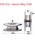 Side and front view of Stainless Steel Deep U Groove Ball Bearings Pulley Metal Pulley Wheel Bearings Wheel Wire Rope Pulley for Lifting Guide, 8mm/0.3" Inner Dia with dimensions