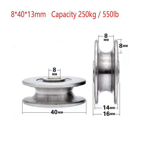 Side and front view of Stainless Steel Deep U Groove Ball Bearings Pulley Metal Pulley Wheel Bearings Wheel Wire Rope Pulley for Lifting Guide, 8mm/0.3" Inner Dia with dimensions