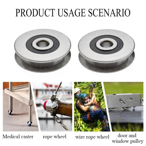 Stainless Steel Deep U-Groove Ball Bearing Pulley, Metal Pulley, Wire Rope Pulley 8mm/0.3" Inner Dia, Outside 40mm Diameter used in various applications including medical caster and door pulley.