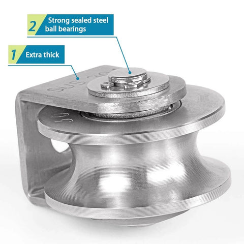U Groove Pulley Block 2", 304 Stainless Steel Pulley Roller with duplex bearing, close-up view showing construction details