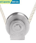 U Groove Pulley Block 2", 304 Stainless Steel Pulley Roller, duplex bearing single wheel pulley shown with wire rope